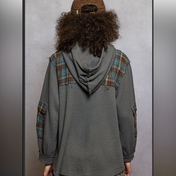 POL Checkered Hoodie with Floral Design - Blue and Brown - Picture 2 of 5